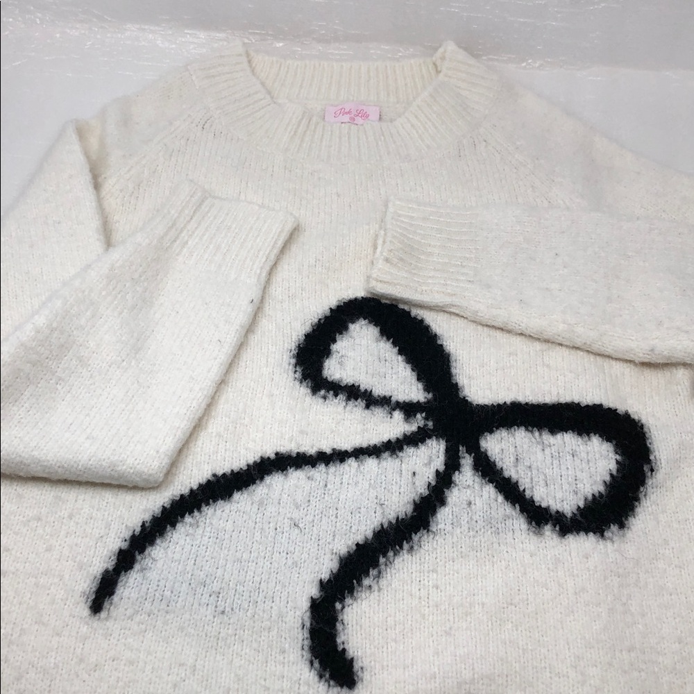 Pink Lily Sweater Beige Knit Black Bow Crewneck Long Sleeves Size XS - Picture 11 of 11